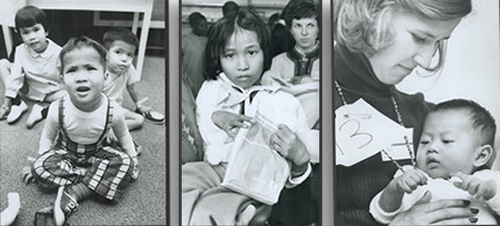 Một vài trong 55 trẻ em Việt Nam đến Toronto, Canada, tháng 4/1975. Tình nguyện viên Jane Casey, người đồng hành cùng các em trong chuyến đi cho hay "chúng có vẻ như rất hoảng sợ". Ảnh: The Star